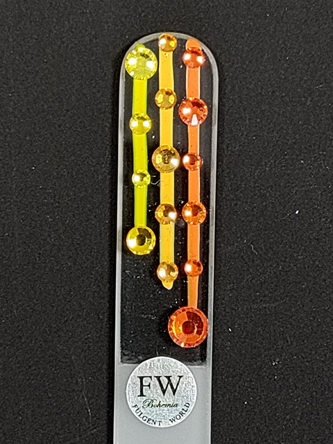 Transparante Glazen Nagelvijl met Gele Oranje en Rode Strepen en Swarovski Kristallen