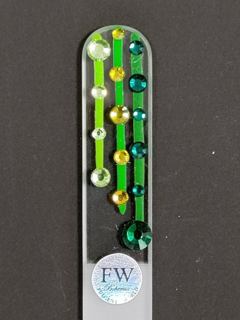 Transparante Glazen Nagelvijl met Licht en Donkergroene Strepen en Swarovski Kristallen