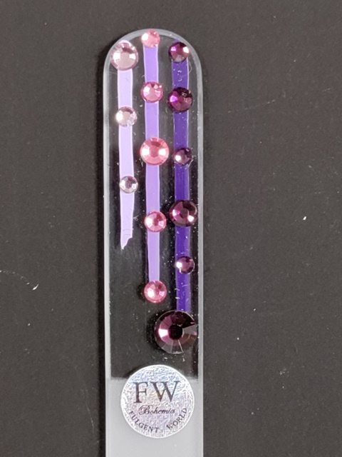 Transparante Glazen Nagelvijl met Paarse Strepen en Swarovski Kristallen