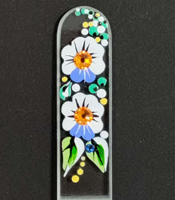 Transparante Nagelvijl met blauw/witte bloemen en kristallen