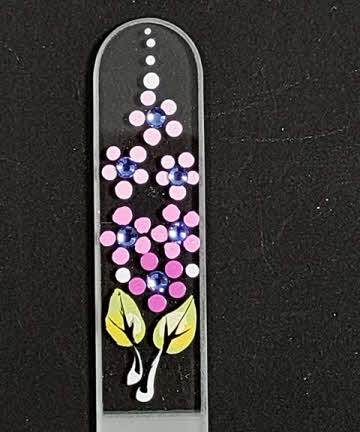 Glazen Nagelvijl met Handbeschilderde Roze Bloemetjes en Blauwe Swarovski Kristallen